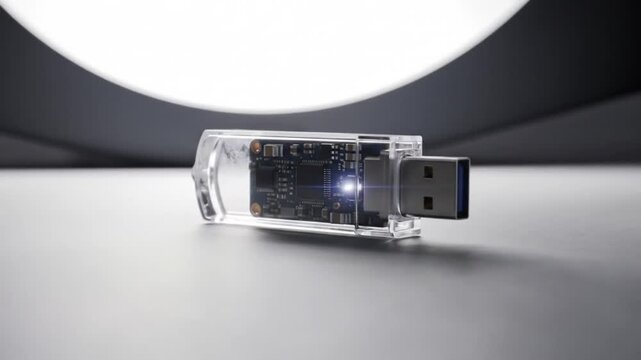 Close-up of a transparent USB flash drive on a gray surface.