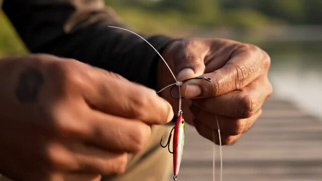 Close-up of fisherman hands tying fishing knot on red lure outdoors