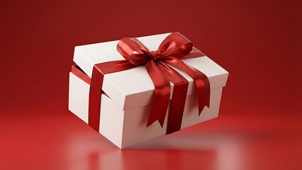 Obraz premium White Gift Box with Red Ribbon Bow on Red Background