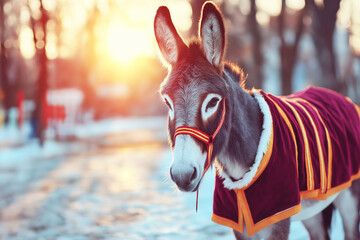 A donkey dressed as Santa Claus for Christmas party on street background.