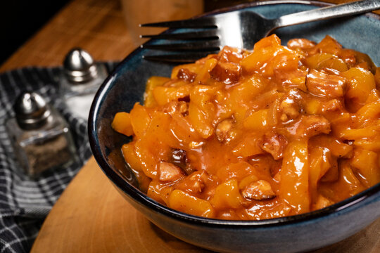 Lecho - stew with peppers, onions and sausages.
