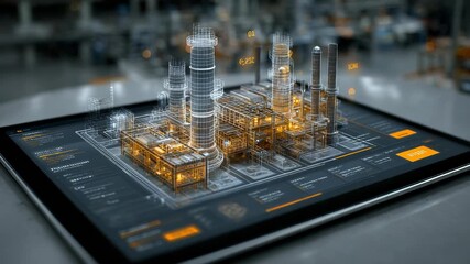 Detailed Blueprints of Industrial Complex, 3D Rendered Design Visualization, Engineering Project Planning, Architectural Model, Manufacturing Process.
