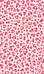 Cute, pretty pink hearts and polka dots seamless repeat pattern. Random placed, vector abstract, lovely animal skin aop, all over surface print on beige background.
