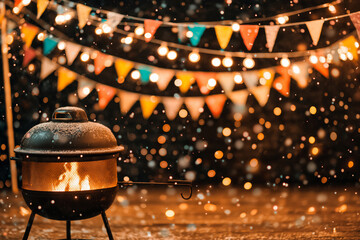 Modern New Year celebration on a rooftop in a snowy mountain village, warm firepit glow, festive decorations, ultra-realistic lighting.   