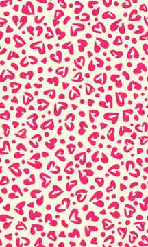 Cute, pretty pink hearts and polka dots seamless repeat pattern. Random placed, vector abstract, lovely animal skin aop, all over surface print on beige background.
