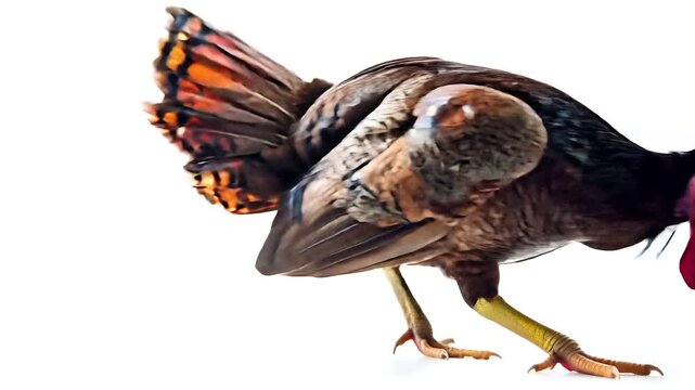 Thanksgiving holiday promotion theme. A closeup of a turkey with a vibrant, multicolored tail feathers. The turkeys plumage is a mix of brown, black, and orange, with a red comb and wattle.