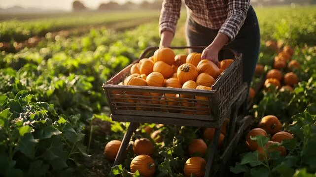 A person is picking pumpkins in a pumpkin patch during the golden hour. The scene is captured with a shallow depth of field, blurring the background and emphasizing the foreground.