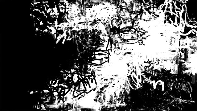 Abstract black and white grunge texture background with chaotic scribbles and brush strokes isolated on transparent background