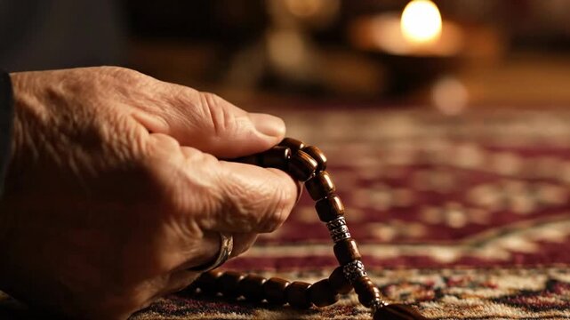 Close up of senior hand counting wooden prayer beads over rug