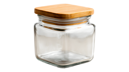 A square glass jar with a bamboo lid and airtight seal on white background for kitchen storage solutions