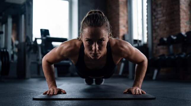 Fit athletic woman doing push-ups in gym, sweat on face