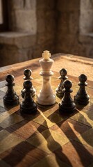 White queen surrounded by black pawns on chessboard &ndash; concept of strategy and pressure
