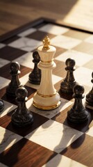 White queen surrounded by black pawns on chessboard &ndash; concept of strategy and pressure