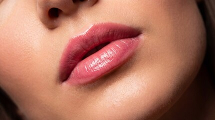 Extreme close-up of woman&rsquo;s lips with flawless makeup, studio lighting
