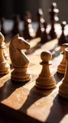 Chess set on board in bright daylight, detailed close-up shot