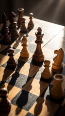 Chess set on board in bright daylight, detailed close-up shot