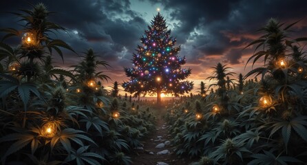 cannabis field with christmas tree illuminated by lights at sunset, festive and surreal stock photo.