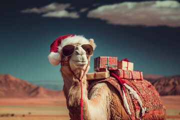 A photograph of a camel dressed as Santa Clauss on Christmas party background.