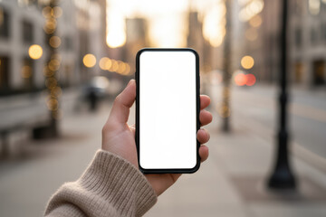 Hand holding a smartphone with blank screen in an urban setting