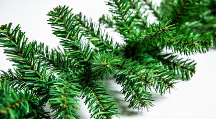 Fototapeta premium Close up view of vibrant green artificial pine garland branches set against a clean bright white background perfect for holiday decoration concepts