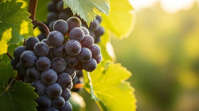 Sunlit vineyard grapes swaying in gentle breeze as light shifts through leaves