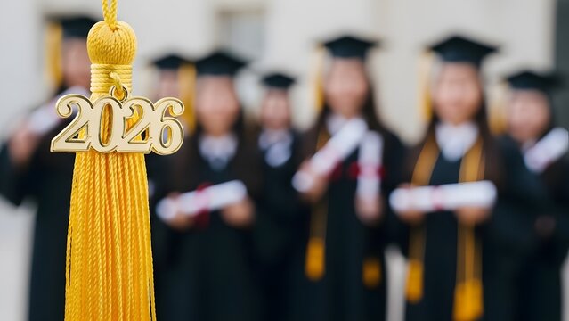 Close-up of golden 2026 graduation tassel with blurred students celebrating academic achievement
