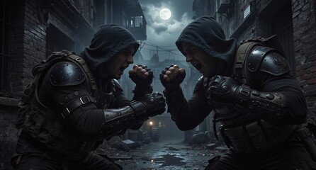 two determined soldiers in tactical gear confront each other in a dark, destroyed urban alleyway.