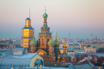 Fototapeta premium Aerial view of the Church of the Savior on Spilled Blood from the Duma Tower. Beautiful sunset.