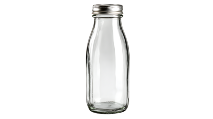 A vintage style glass milk bottle with a wide mouth and screw on cap stands alone on a plain white background, empty and ready for use