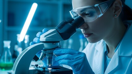 Female scientist conducting focused research using a microscope in a modern laboratory