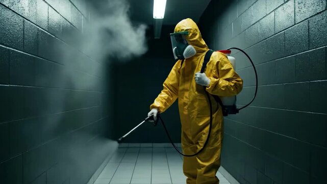 Professional Disinfectant Worker in Protective Suit Sprays Sanitizer in Dark Corridor.