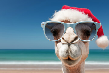 A photograph of a camel dressed as Santa Clauss on Christmas party background. 