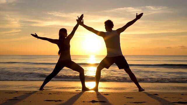 Silhouette of a couple practicing yoga on a beach at sunset. Man and woman performing exercises and touching hands against a golden sky. Healthy lifestyle and wellness concept