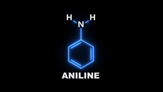 neon Aniline Molecule Structure  On black Background. glowing chemical formula of Aniline. Aniline Molecular Structure Symbol icon Animation. Aniline Molecule Structure icon.