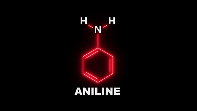 neon Aniline Molecule Structure  On black Background. glowing chemical formula of Aniline. Aniline Molecular Structure Symbol icon Animation. Aniline Molecule Structure icon.