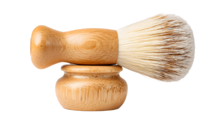 A wooden shaving brush with synthetic cruelty free bristles on a stand, perfect for grooming and shaving routines, made of natural wood
