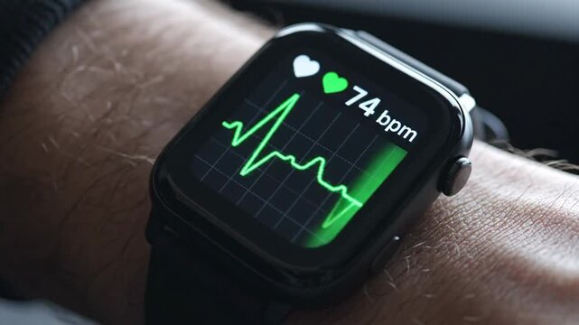 Smartwatch Screen Displaying Heart Rate Monitor with ECG Graph and Pulse BPM on Male Wrist Close Up
