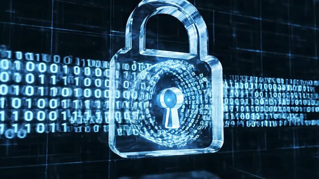3D animation of a glass padlock with binary code flowing. Cybersecurity and data encryption concept. Digital safety background