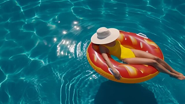Woman Relaxing on Inflatable Pool Float in Summer Swimming Pool