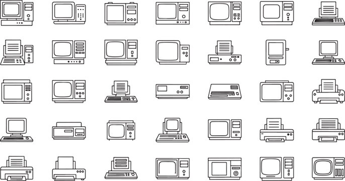 Collection of vintage computer and electronic device outline on white background
