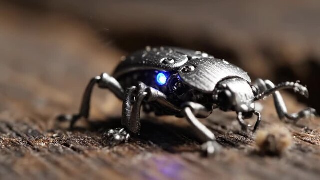 Macro view of futuristic metallic robot beetle with glowing blue light walking on textured wood surface