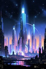 Obraz premium Futuristic cyberpunk city skyline at night with glowing neon skyscrapers reflecting in water under a starry sky, modern urban landscape