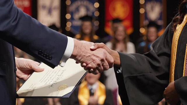 Close-up of a graduate receiving a diploma and shaking hands. Slow motion footage of a university commencement ceremony. Academic achievement and success