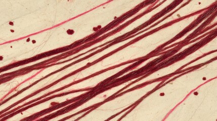 Abstract background showcases red fibers and pink lines on a light beige surface, creating a unique texture and artistic visual appeal for creative projects