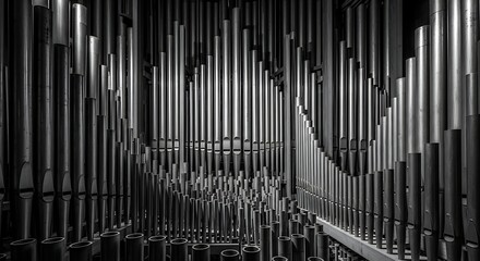 Close up view of massive church organ pipes creating a dramatic abstract texture in monochrome