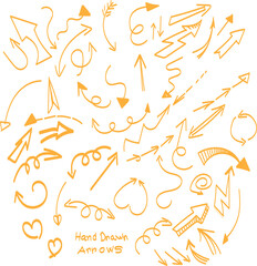 Collection of various hand drawn orange arrows and directional symbols clustered together on white background.