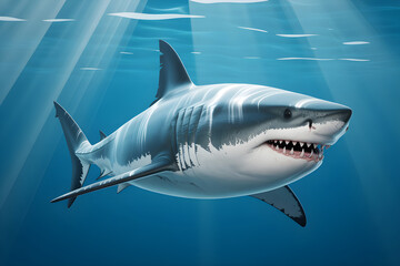 Obraz premium Great white shark swimming underwater with sun rays