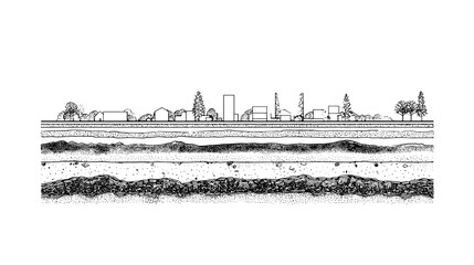 Fototapeta premium Black and white line drawing of a cross section view trough different types of soil layers in the ground for cad architecture 