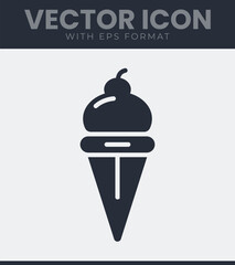 A single serving of frozen dessert in a pointed wafer cone with a small round topping, popular food item often consumed during warm weather, vector illustration