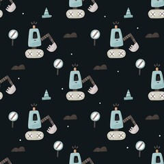  seamless pattern with cartoon bulldozer, decor elements. Colorful illustration flat style for kids. hand drawing. baby design for fabric, print, wrapper, textile